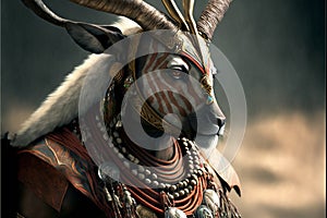 Antelope animal portrait dressed as a warrior fighter or combatant soldier concept. Ai generated