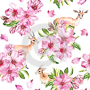 Antelope animals in cherry blossom flowers. Spring apple flowers and deers. Romantic seamless floral pattern. Watercolor