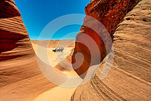 Antelope Canyon, Arizona - USA. Exterior view of rocks under a blue summer sky