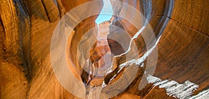 Antelope Canyon, Arizona - USA. Exterior view of rocks under a blue summer sky