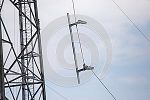 antenna 5g mobile network transmitter was pulled to the top of a mobile phone pole. to upgrade from 4g to 5g High-risk electrical