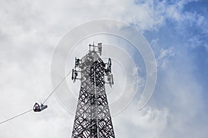 antenna 5g mobile network transmitter was pulled to the top of a mobile phone pole. to upgrade from 4g to 5g High-risk electrical