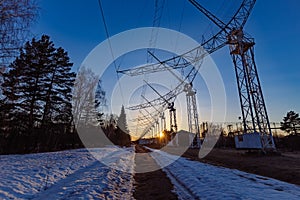 Antenna Array. A long row of radio telescopic antennas