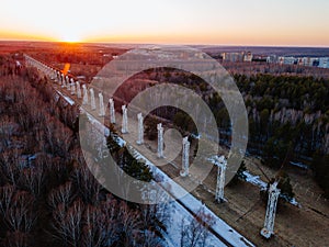 Antenna Array. A long row of radio telescopic antennas