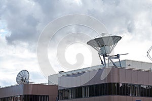 Antenna communication satellite dish with sky background, Satellite dish sky sunset