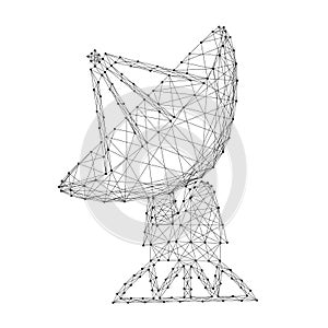 Antenna satellite dish parabolic space radar from abstract futuristic polygonal black lines and dots. Vector illustration