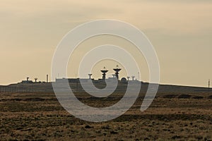 Antenna at the spaceport. The tracking center at the Baikonur cosmodrome, a signaling station launching rockets. Space technology