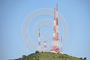 Antenna tower for 5g data transmission, internet, tv signal, radio and microwave, transmission concept