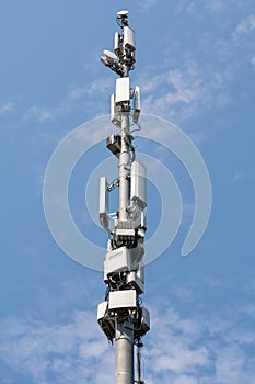 Antenna tower building. Technology Cellular Station, Wireless Communication Transmitter on Outdoor Poles Power , micro system 4G,