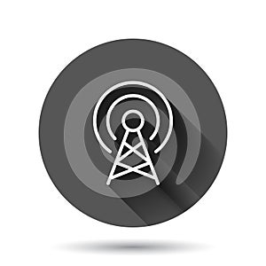 Antenna tower icon in flat style. Broadcasting vector illustration on black round background with long shadow effect. Wifi circle