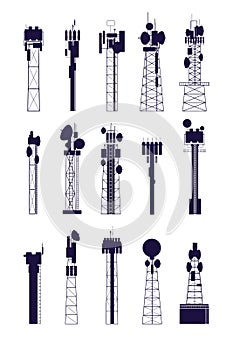 Antenna tower silhouettes. Isolated communications equipment, media radio telecommunications constructions. Network