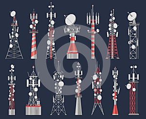 Antenna towers. Radio tower station for cell communication with wireless signal. Telecom network construction for mobile internet