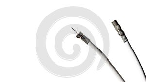 Antenna and TV cord with copy space. PAL antenna cable, plug, antenna cord, type F, coaxial cable. Isolated over white background