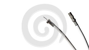 Antenna and TV cord with copy space. PAL antenna cable, plug, antenna cord, type F, coaxial cable. Isolated over white background photo