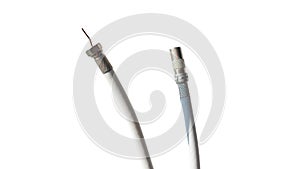 Antenna and TV cord isolated on white background with copy space .. PAL antenna cable, plug, antenna cord, type F, coaxial cable.