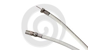 Antenna and TV cord. PAL antenna cable, plug, antenna cord, type F, coaxial cable. Isolated over white background.