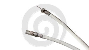 Antenna and TV cord. PAL antenna cable, plug, antenna cord, type F, coaxial cable. Isolated over white background. photo