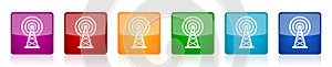 Antenna, wireles communication icon set, square glossy vector buttons in 6 colors options for webdesign and mobile applications