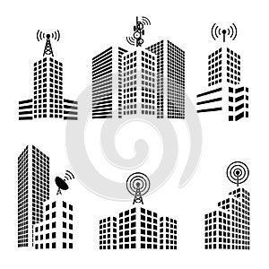 Antennas on buildings in the city icon set
