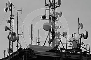 Antennas on mountain in north Czech republic, black and white effect
