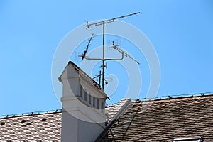 Antennas of the world. Blue sky and antenna.