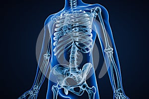 Anterior or front view of xray image of accurate human skeletal system or skeleton with adult male body contours on blue