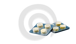 Anthelmintic tablets pills in blister packs on white background with copy space. Set of four tablets pills : niclosamide and pheno photo