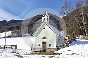 Antholz Obertal church in winter, Italy