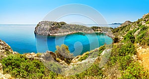 Anthony Quinn Bay lagoon in Rhodes island, Greece. Panoramic sea paradise landscape