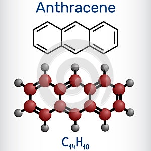 Anthracene molecule. It is polycyclic aromatic hydrocarbon PAH. Structural chemical formula, molecule model. Vector