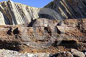 Anthropocene. Industrial deposits stratum in the foreground against eocene rock layers in the background photo