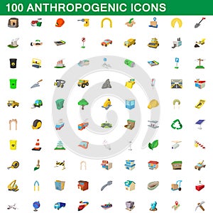 100 anthropogenic icons set, cartoon style