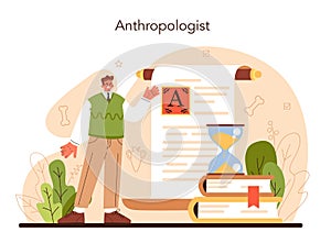 Anthropologist concept. Scientist studying a homo sapiens and ancient