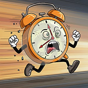 Anthropomorphic alarm clock with a distressed expression runs fervently. The clock is
