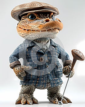 Anthropomorphic Alligator Golfer Isolated Character Cartoon 3D Lizard Wearing Hat and Coat Digital Art Painterly Style