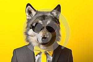 anthropomorphic animal, wolf in sunglasses and tuxedo