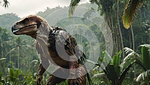 Anthropomorphic artistic image of jungle raptor in distance