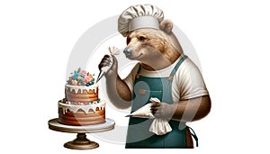 Anthropomorphic Bear Chef Decorating a Multi-Layered Cake