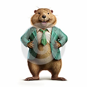 Anthropomorphic Beaver In Green Turquoise Suit - Realistic Satirical Caricature photo