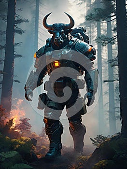 Anthropomorphic bull soldier exploring the forest, science fiction character