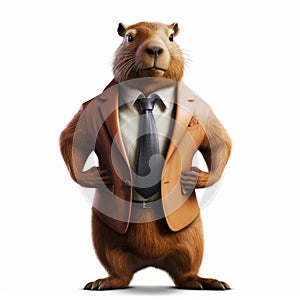 Anthropomorphic Capybara In A Suit: Realistic Portrayal And Satirical Caricature photo