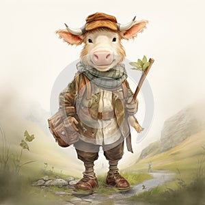 Anthropomorphic Cow Adventurer: Digital Painting Inspired By Beatrix Potter