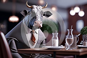 Anthropomorphic cow in a restaurant. Vegan, vegetarian, ecology concept.