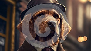 An anthropomorphic detective golden retriever dressed up in the peaky blinder style photo