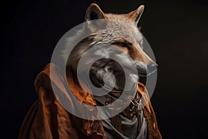 Anthropomorphic fox dressed in aristocratic orange robe. Generate ai