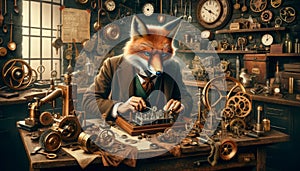 Anthropomorphic fox in a steampunk workshop