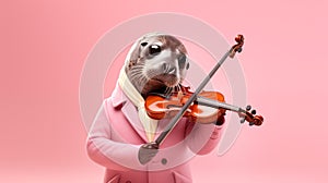 The Anthropomorphic fur seal with a musical instrument. seal plays the violin. Creative animal concept