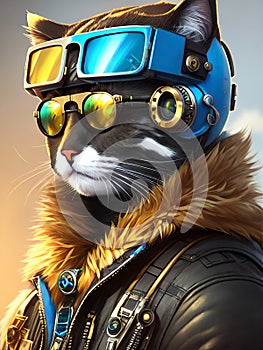 anthropomorphic futuristic cat, robotic animal, generative ai illustration, science fiction character