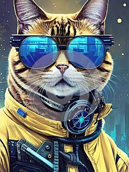 anthropomorphic futuristic cat, robotic animal, science fiction character, sunglasses