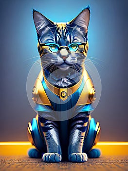 anthropomorphic futuristic cat, robotic animal in a yellow and blue suit, science fiction character,